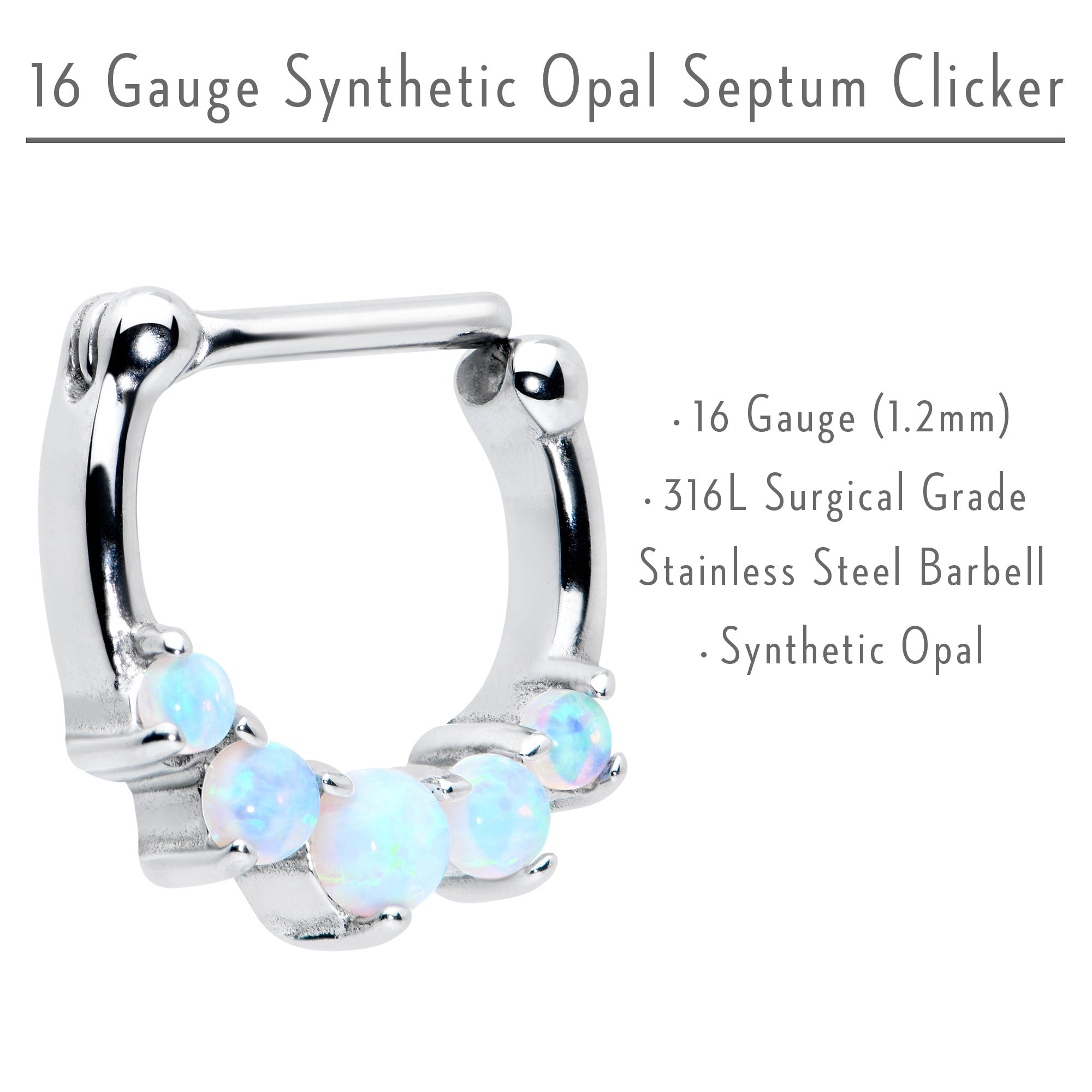 16G 1/4 White Synthetic Opal Steel Bar Simple Septum Clicker