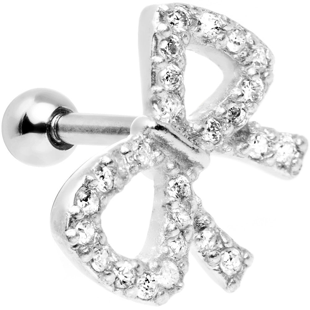 16G 1/4 Clear Gem 925 Silver Flashy Bow Tragus Cartilage Earring