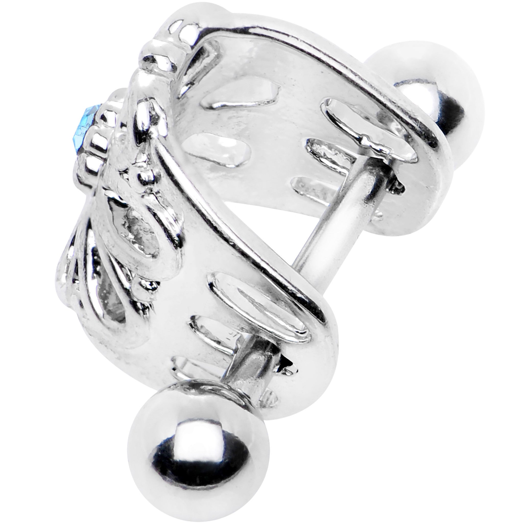 16G 3/8 Aqua Gem Steel Barbell Flower Cartilage Cuff