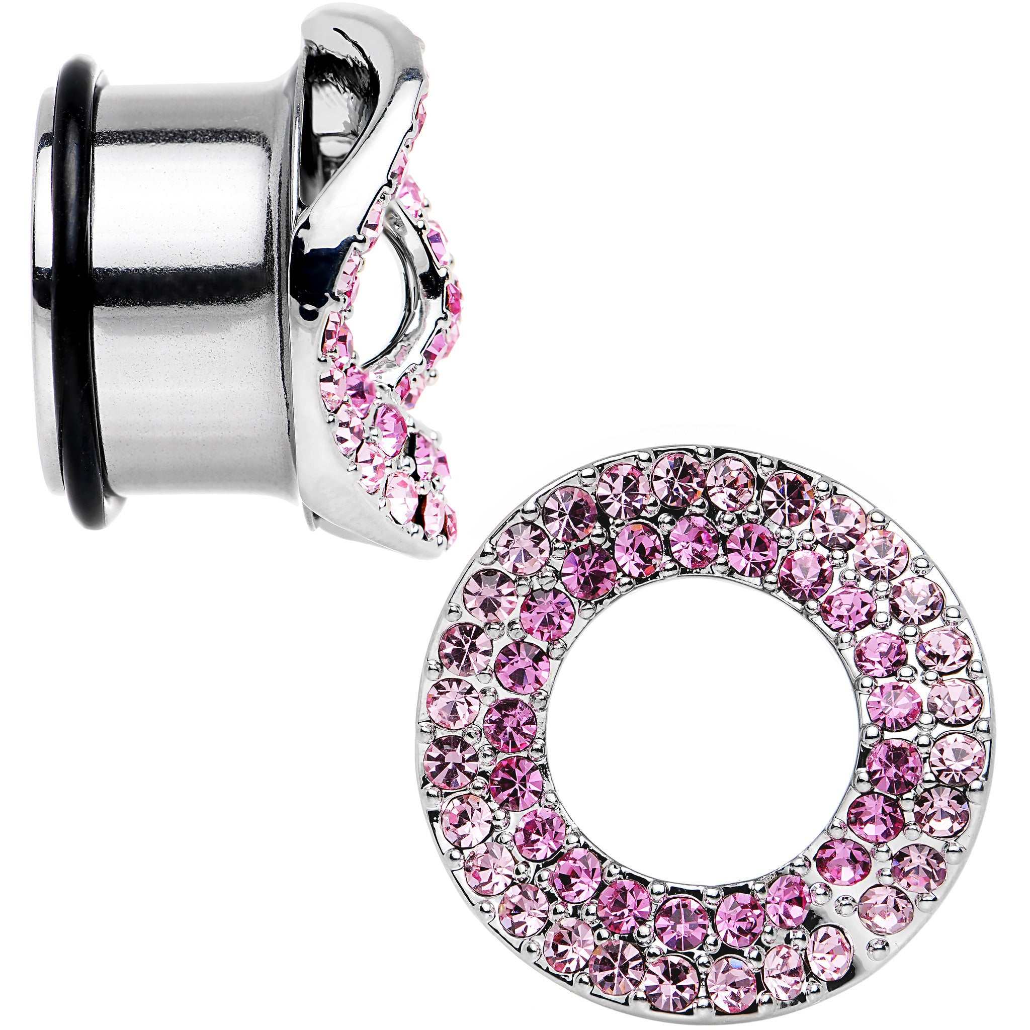 18mm Pink Gem Steel Warp Ring Single Flare Tunnel Plug Set