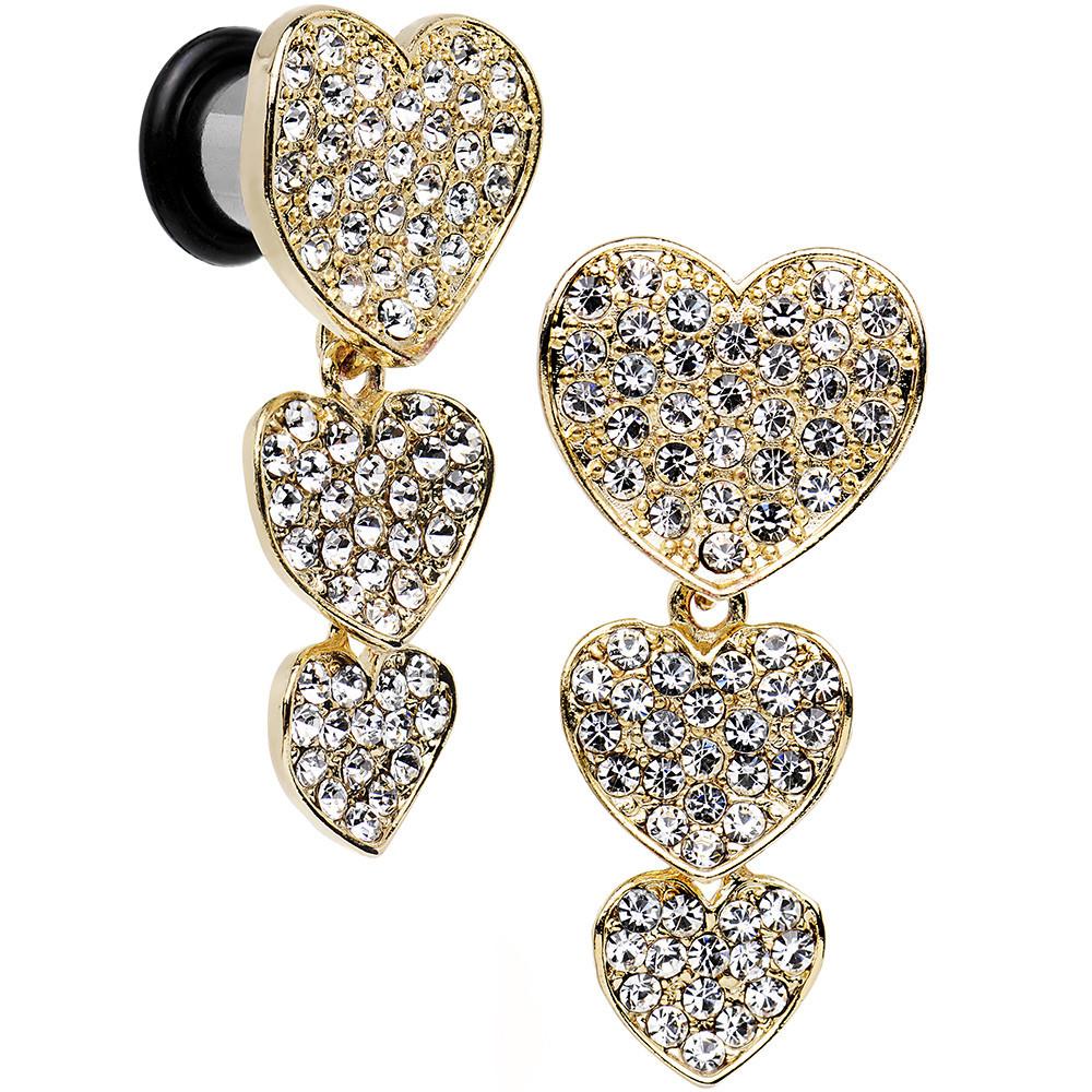 Clear Gem Steel Triple Heart Single Flare Dangle Plug Set Sizes 5mm to 00G