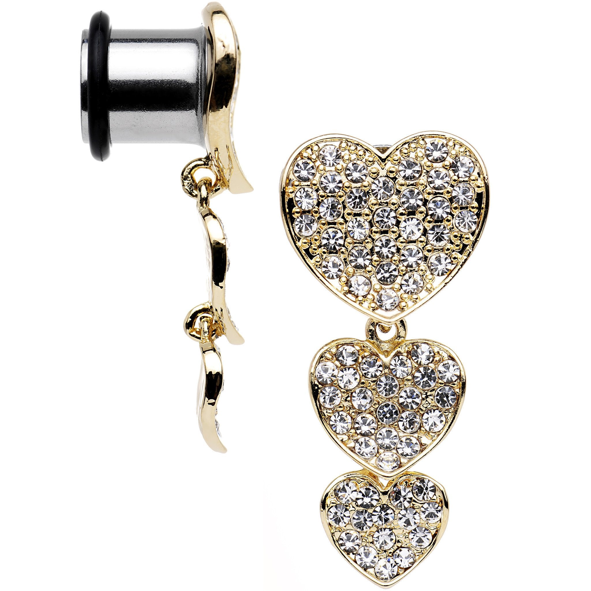 Clear Gem Steel Triple Heart Single Flare Dangle Plug Set Sizes 5mm to 00G