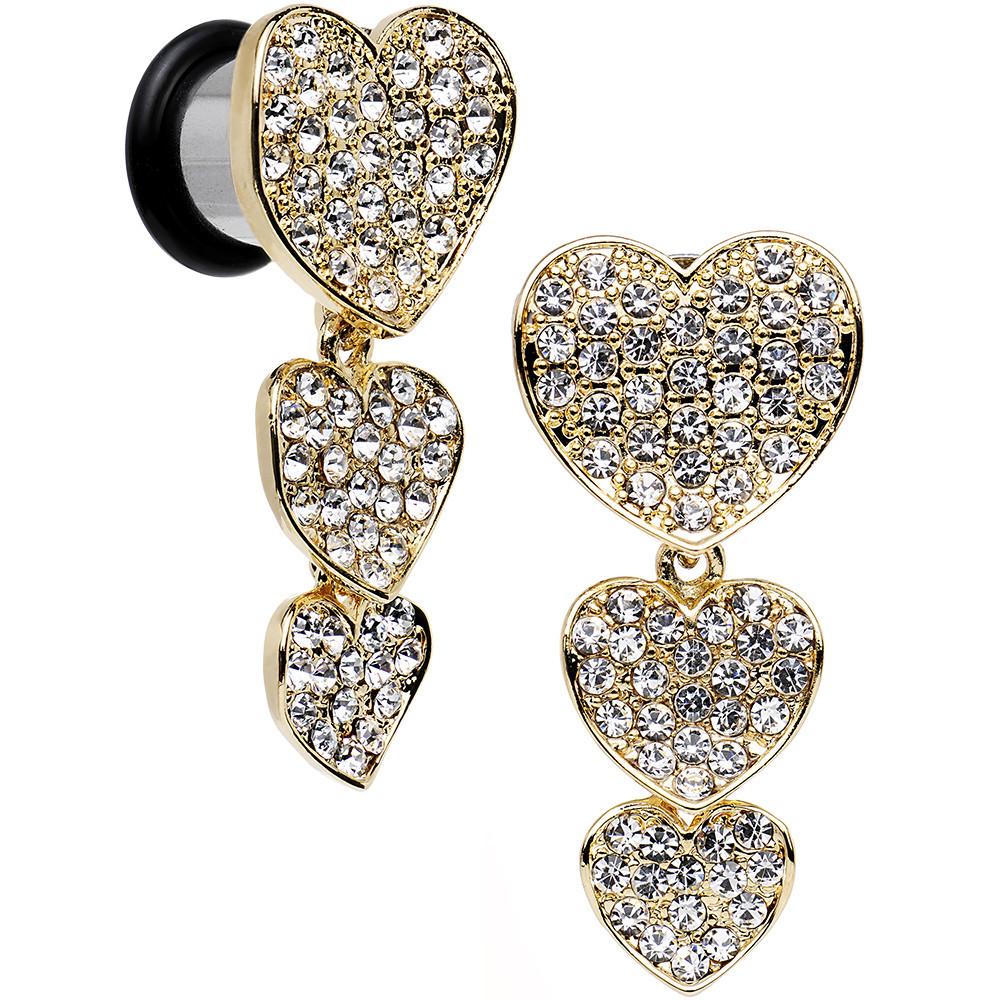 Clear Gem Steel Triple Heart Single Flare Dangle Plug Set Sizes 5mm to 00G