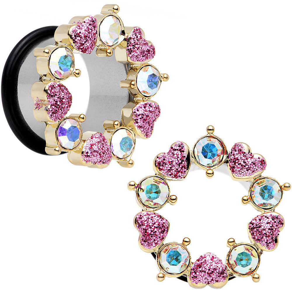 18mm Aurora and Pink Gem Heart Wreath Single Flare Tunnel Plug Set