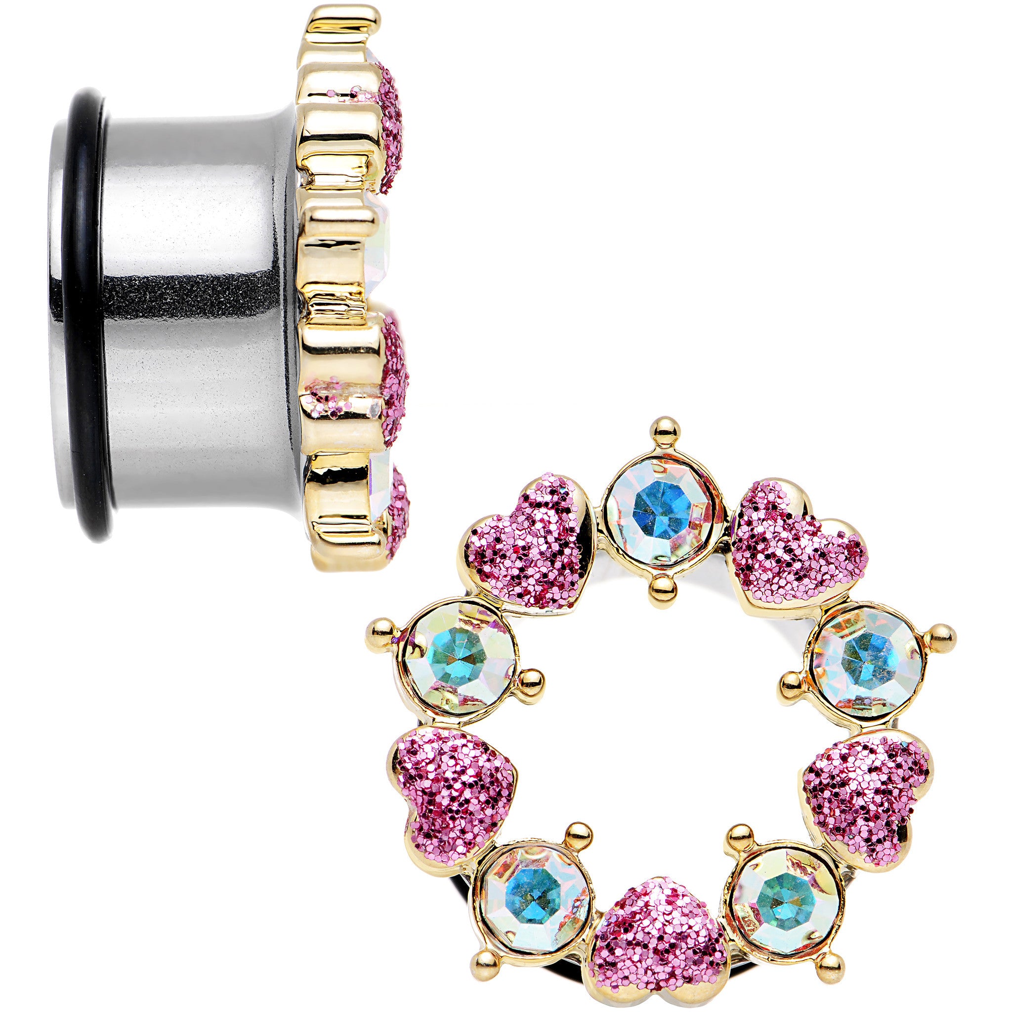 18mm Aurora and Pink Gem Heart Wreath Single Flare Tunnel Plug Set