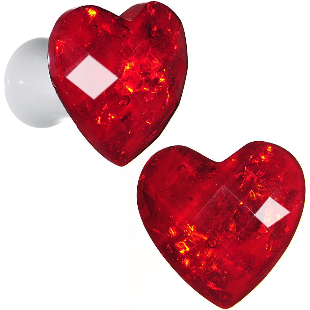 White Acrylic Red Faceted Valentine Heart Saddle Plug Set 2G to 26mm