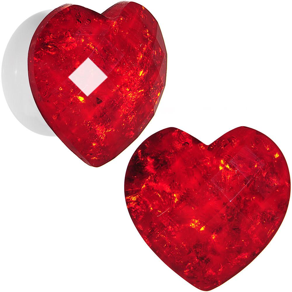 White Acrylic Red Faceted Valentine Heart Saddle Plug Set 2G to 26mm