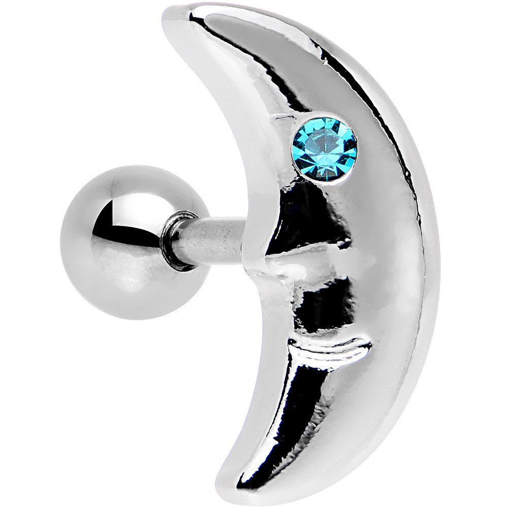 16G 1/4 Aqua Gem Steel Crescent Moon Left Cartilage Earring