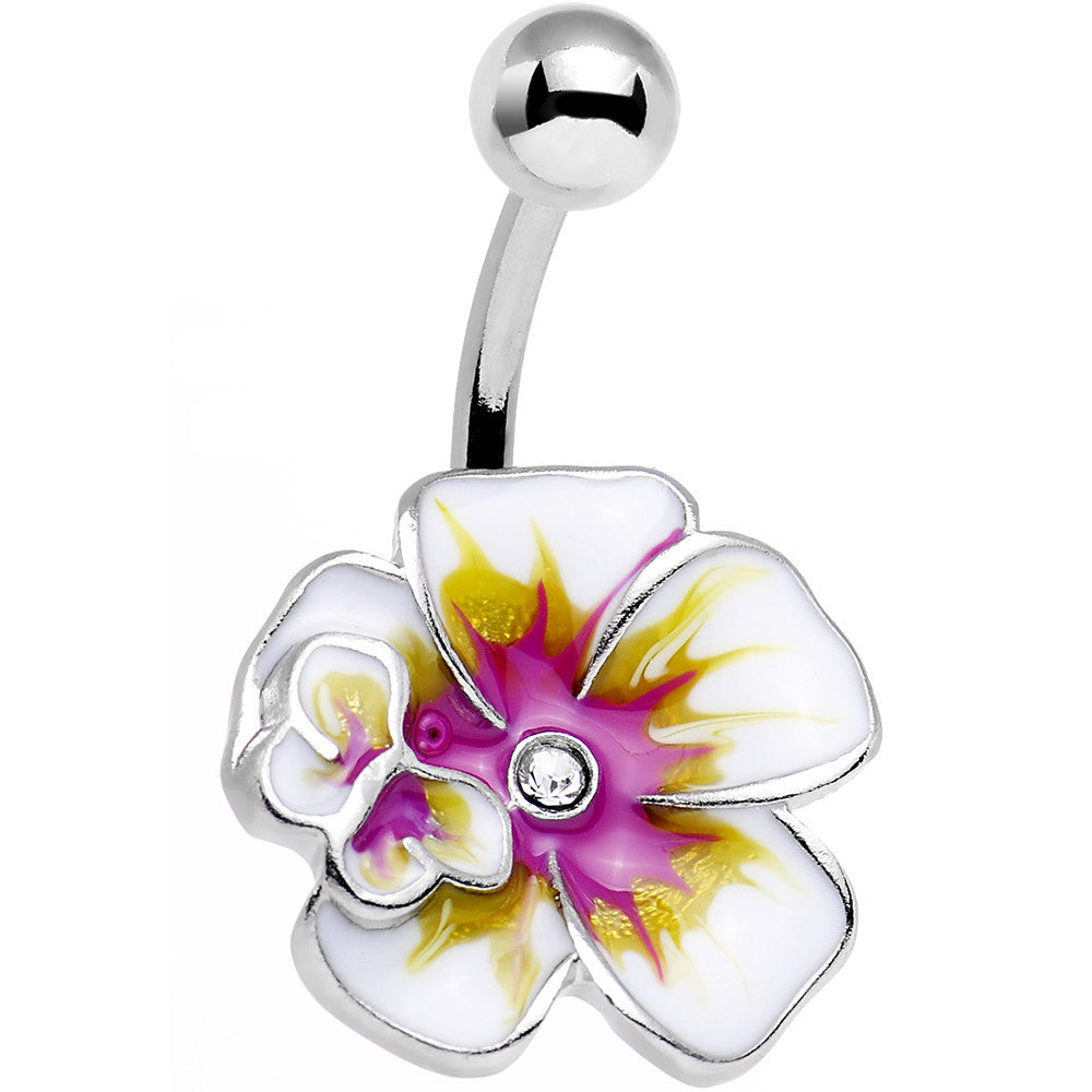 Clear Gem Pink and Yellow Hibiscus Flower Belly Ring