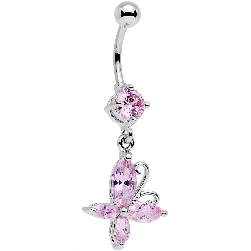 Light Pink Gem Butterfly Prong Set Dangle Belly Ring
