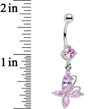 Light Pink Gem Butterfly Prong Set Dangle Belly Ring