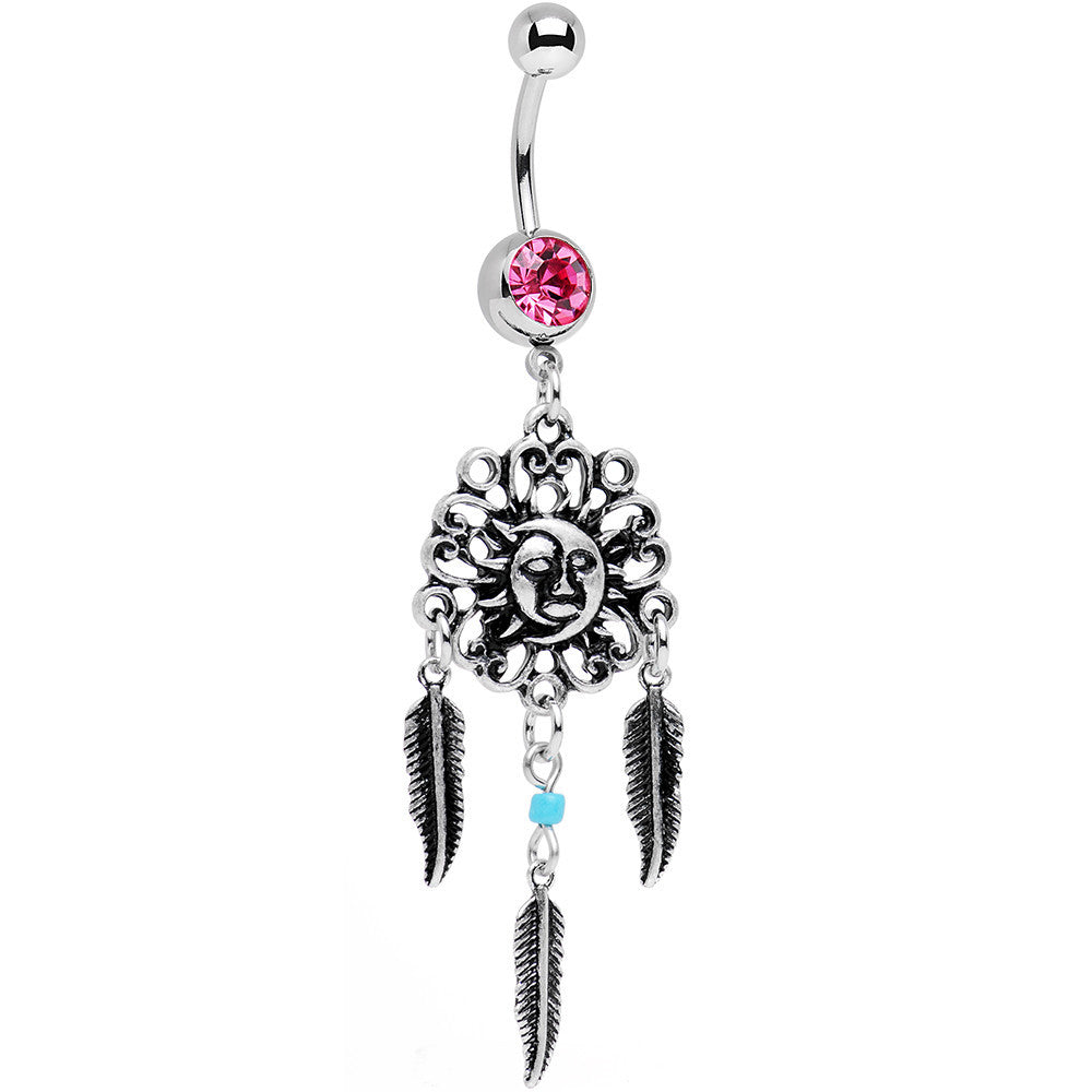 Pink Gem Sun and Moon Feather Celestial Daydream Dangle Belly Ring