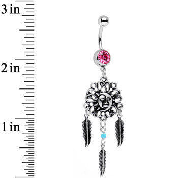 Pink Gem Sun and Moon Feather Celestial Daydream Dangle Belly Ring