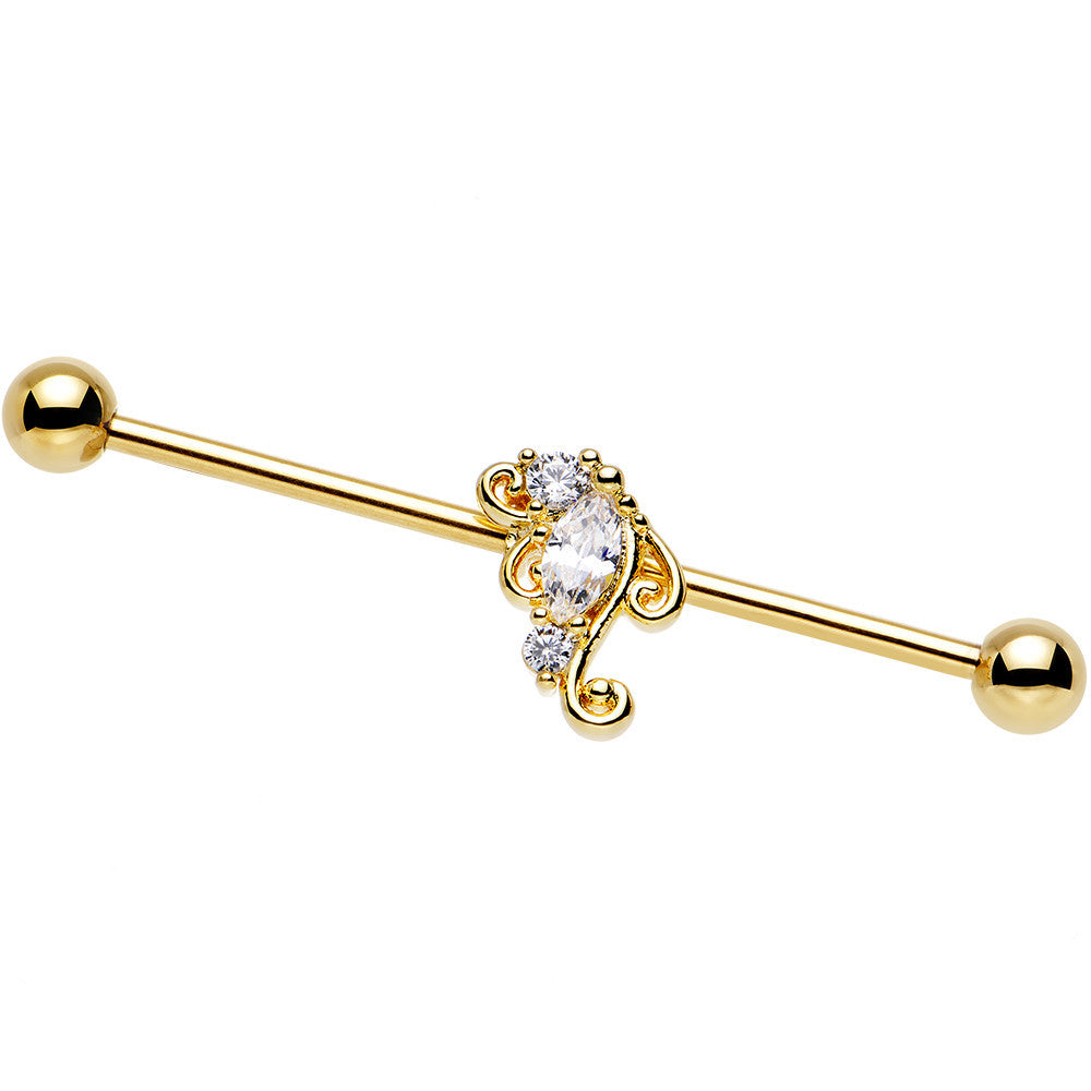 14G Clear CZ Gold Anodized Deco Swirl Industrial Barbell 38mm