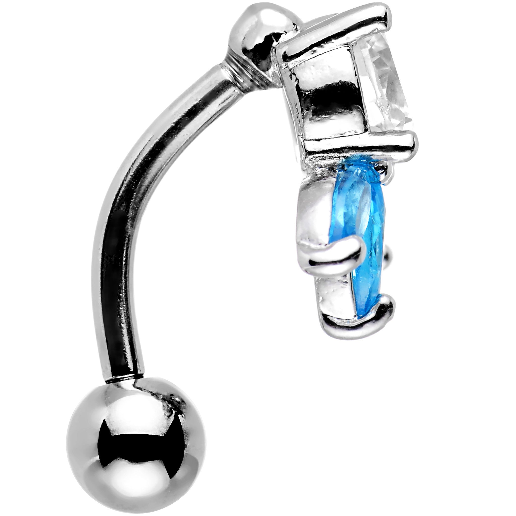 Clear Aqua Gem Flip Flower Reversible Top Mount Belly Ring