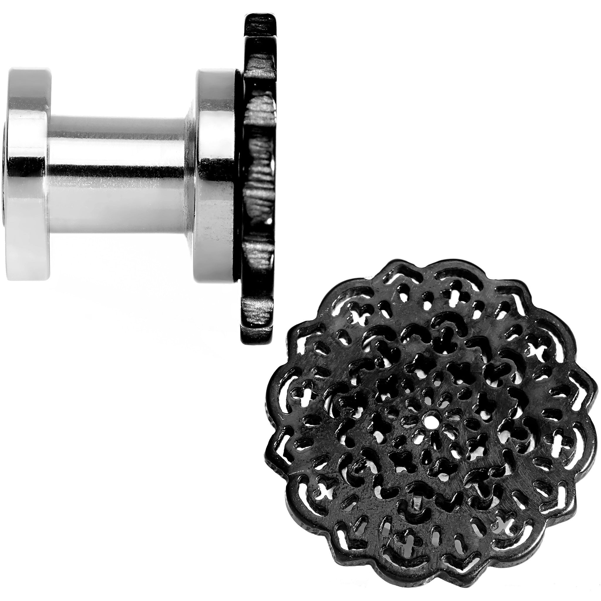 4G Stainless Steel Black IP Lotus Flower Screw Fit Double Flare Plug Set