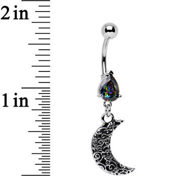 Black Gem Half Moon Dangle Belly Ring Created with Crystals