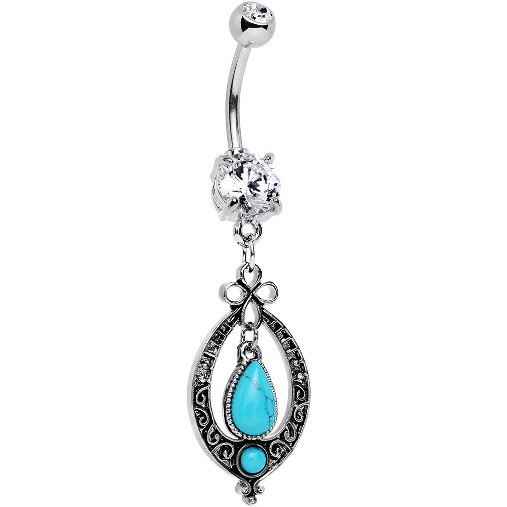 Clear Gem Synthetic Turquoise Detailed Teardrop Dangle Belly Ring