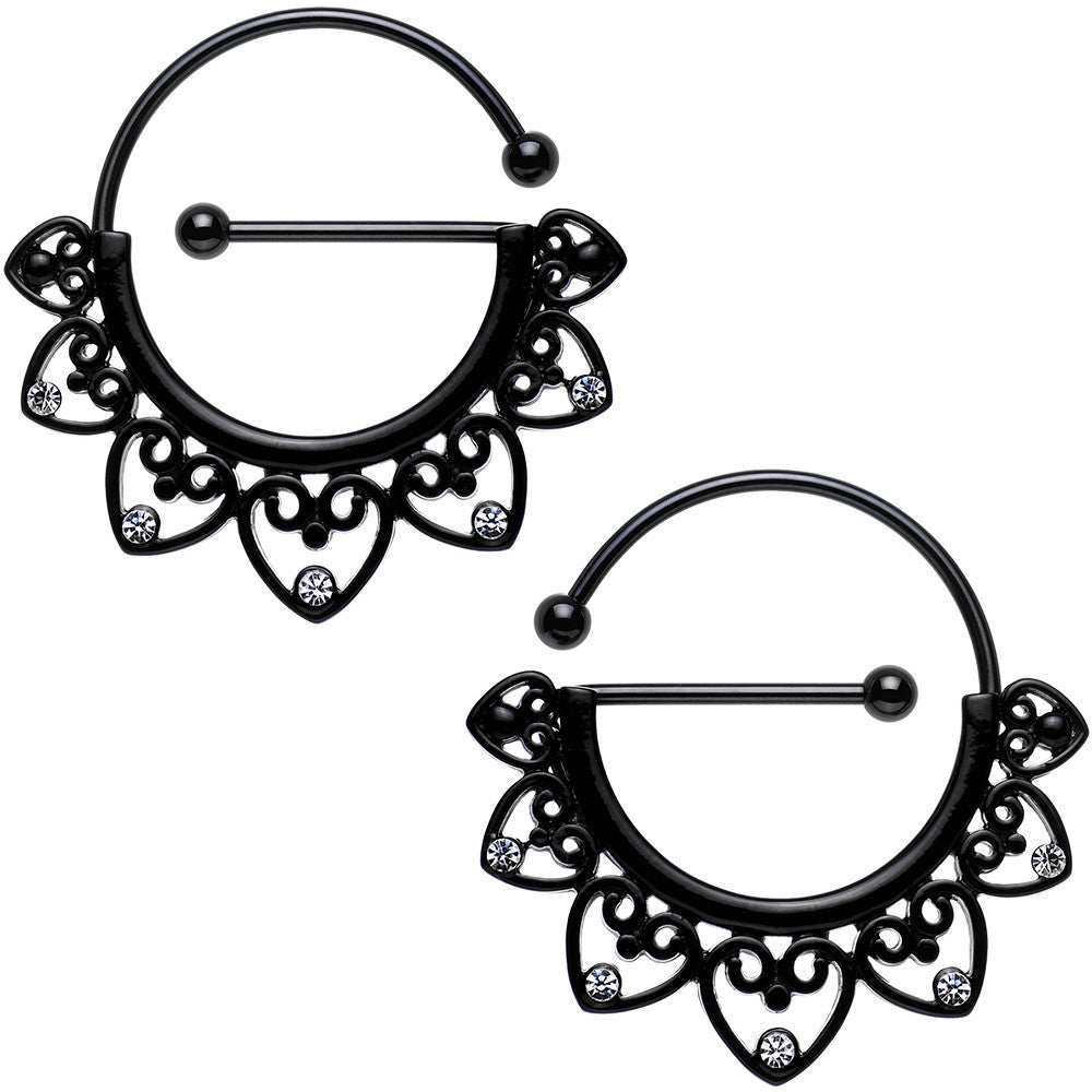 Clear Gem Black PVD Barbell Filigree Heart Universal Nipple Ring Set