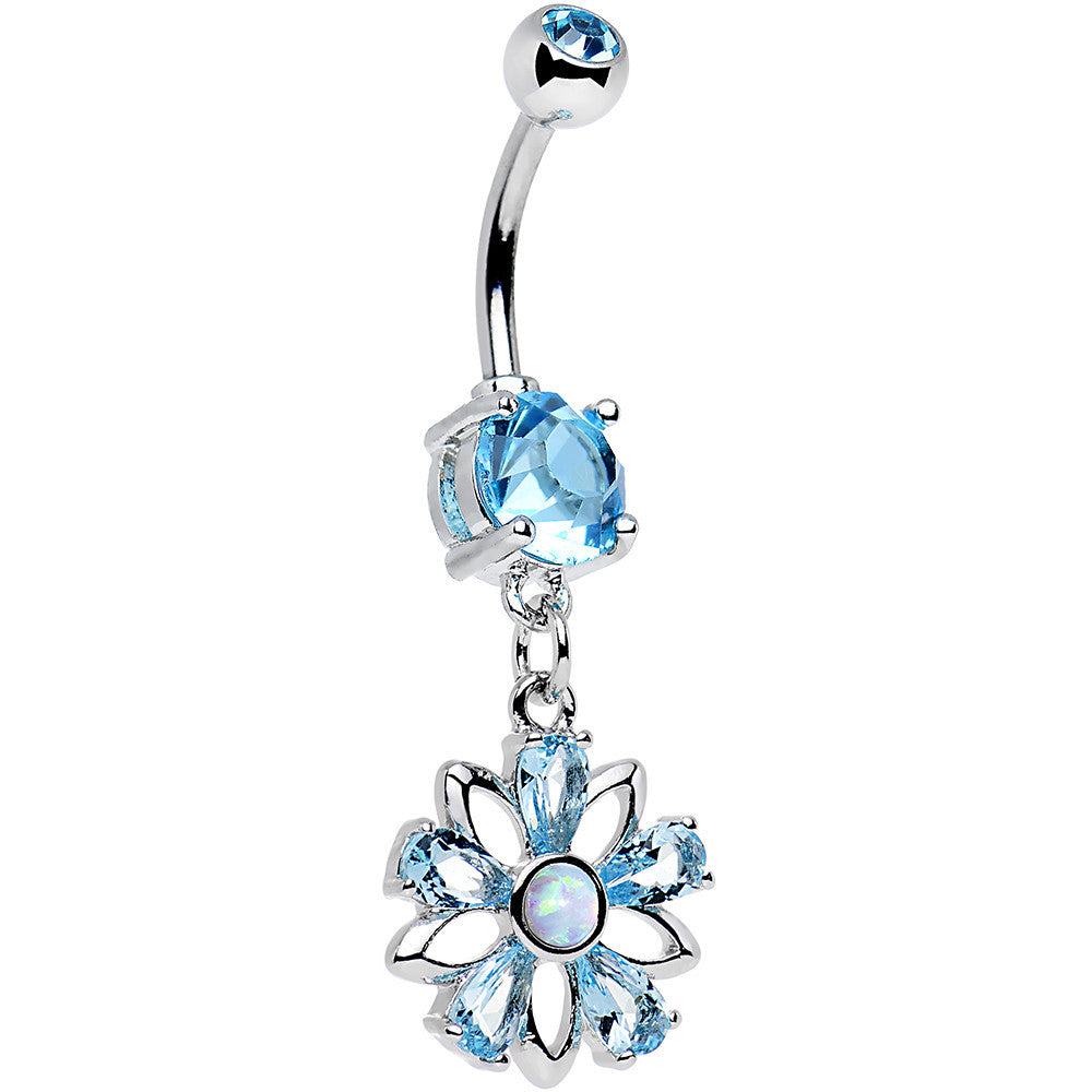 Aqua CZ Gem Synthetic Opal Snowflower Dangle Belly Ring