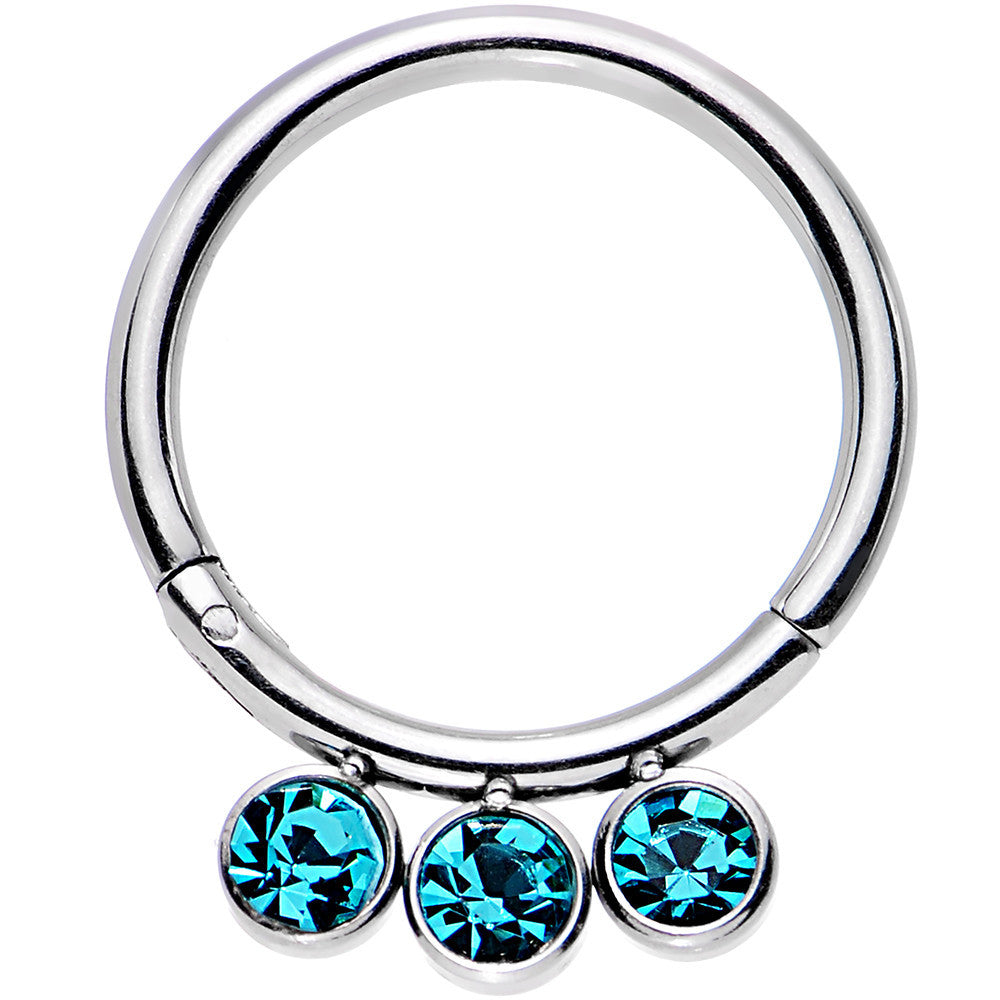 16G 3/8 Aqua Gem Stainless Steel Trio Hinged Segment Ring