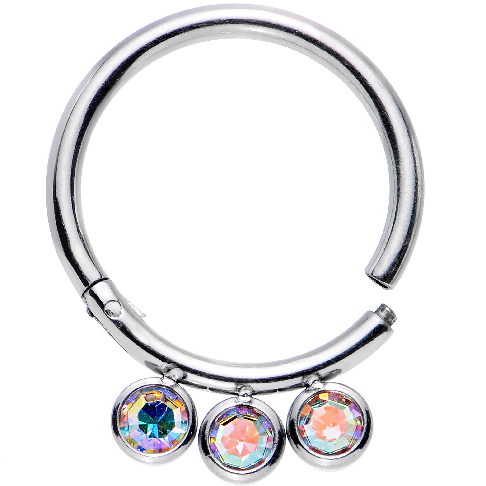 16G 3/8 Aurora Gem Stainless Steel Trio Hinged Segment Ring