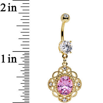 Large Pink CZ Clear Gold Plated Ornate Framework Dangle Belly Ring