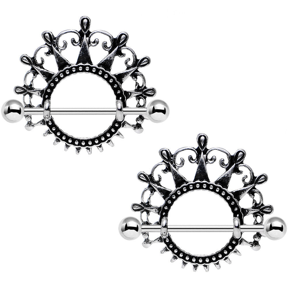 1 inch Dark Ornate Detail Princess Crown Barbell Nipple Shield Set