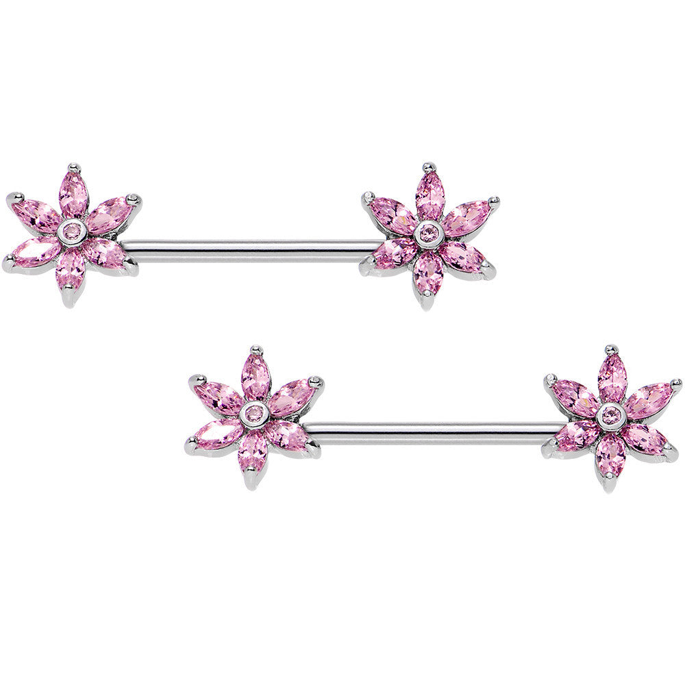 14G 5/8 Pink CZ Gem Pimpernel Flower Ends Nipple Babell Set