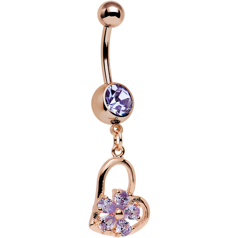 Purple CZ Gem Rose Gold Plated Orchid Hollow Heart Dangle Belly Ring