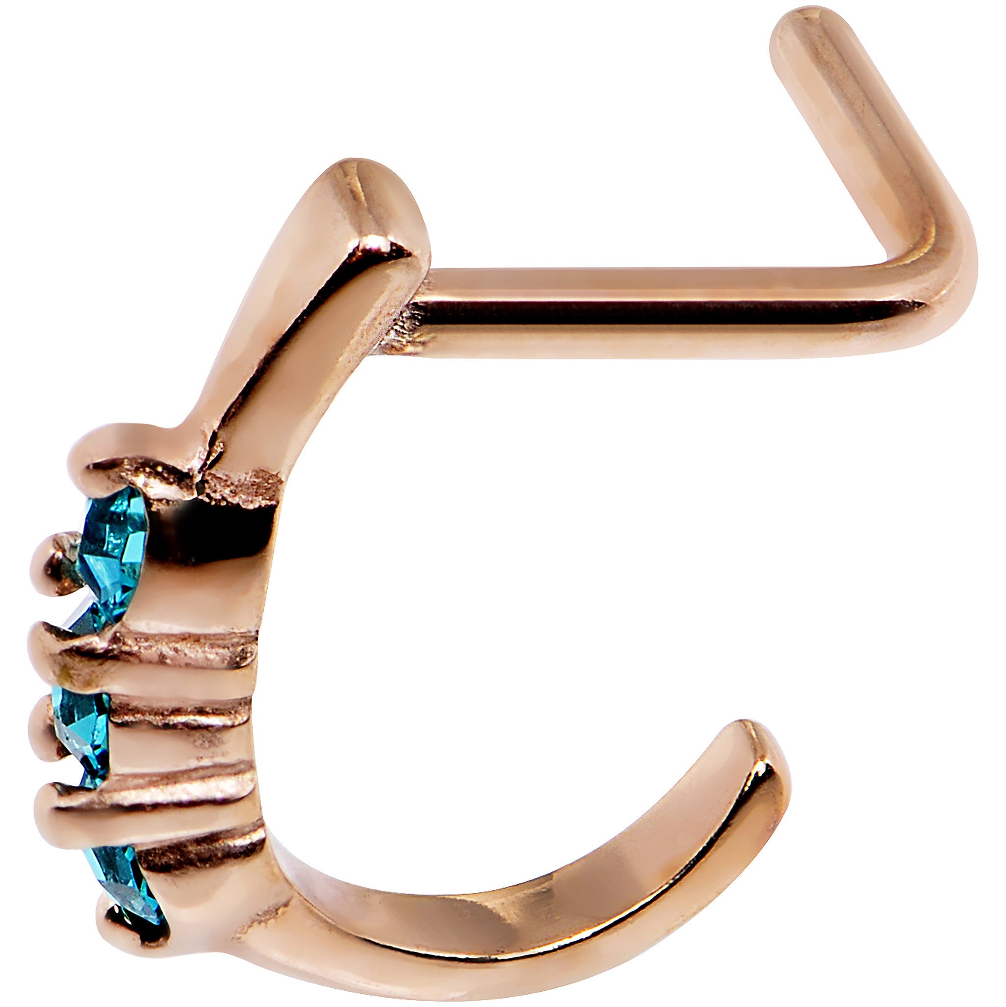 18G Aqua Gem Rose Gold PVD Faux Hoop L Shaped Nose Ring
