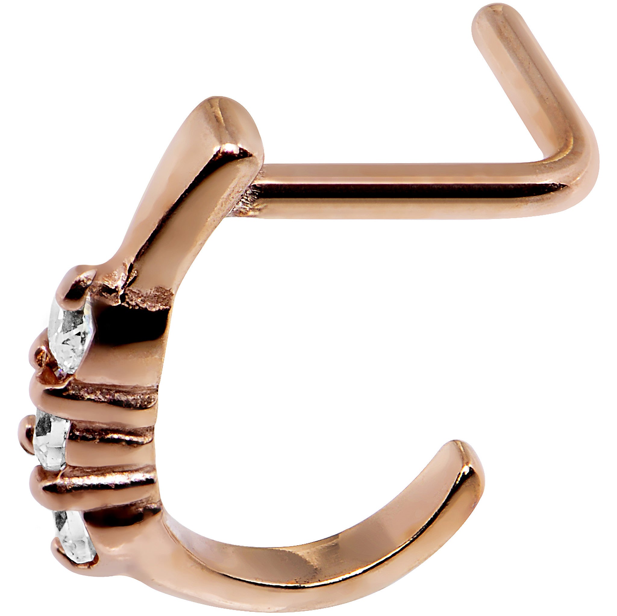18G Clear Gem Rose Gold PVD Faux Hoop L Shaped Nose Ring