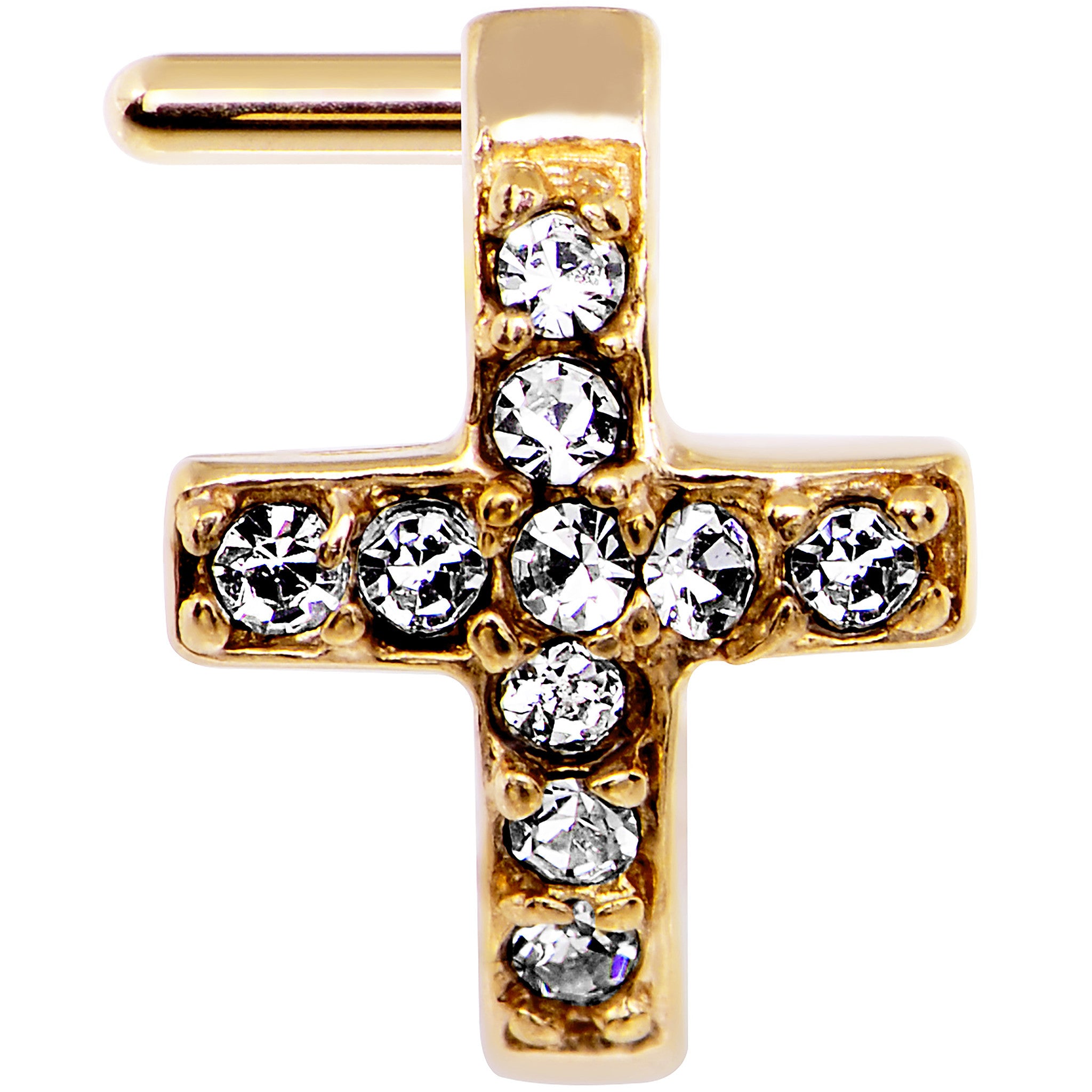 18G Clear Gem Gold PVD Cross Faux Hoop L Shaped Nose Ring