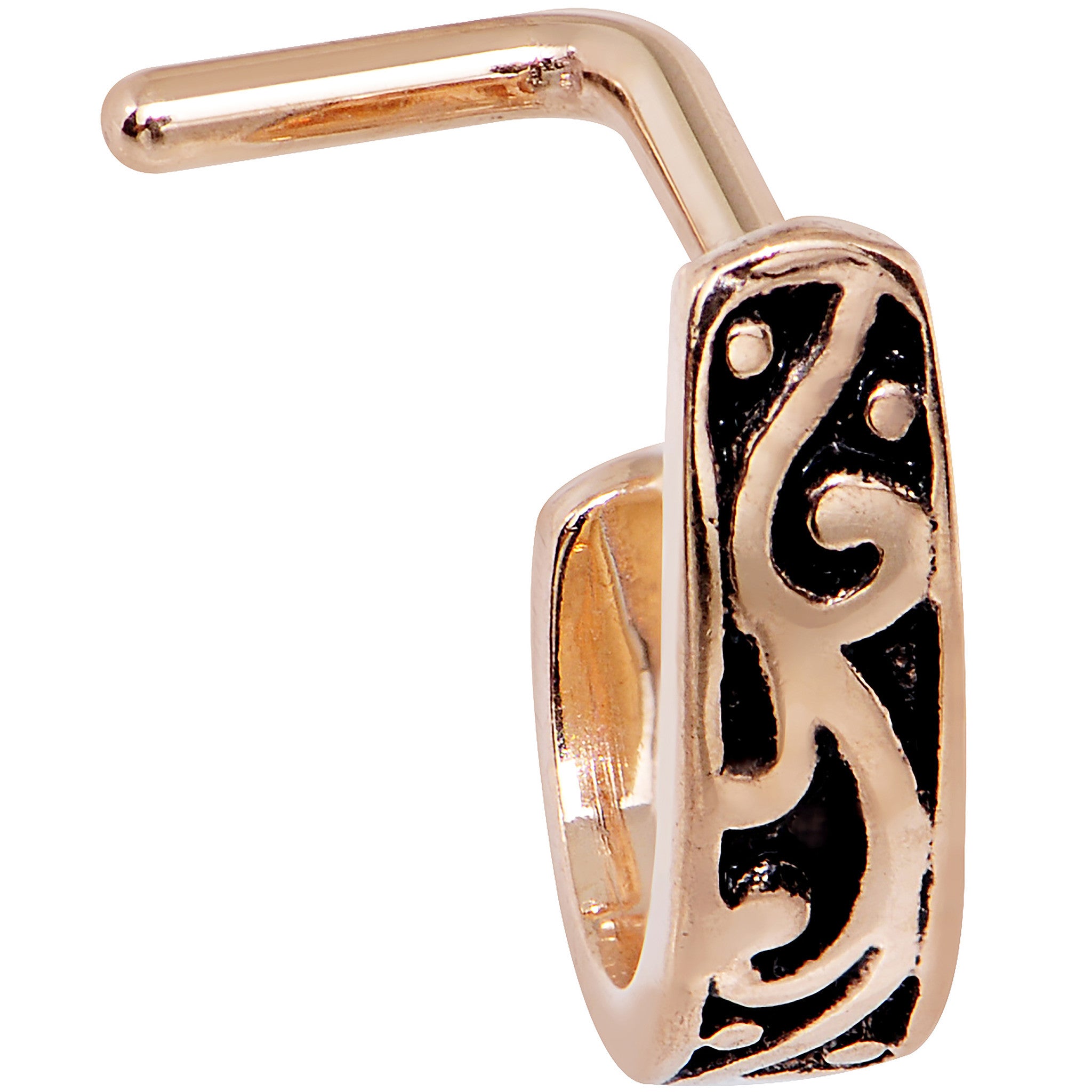 18G Rose Gold PVD Swirl Deco Faux Hoop L Shaped Nose Ring
