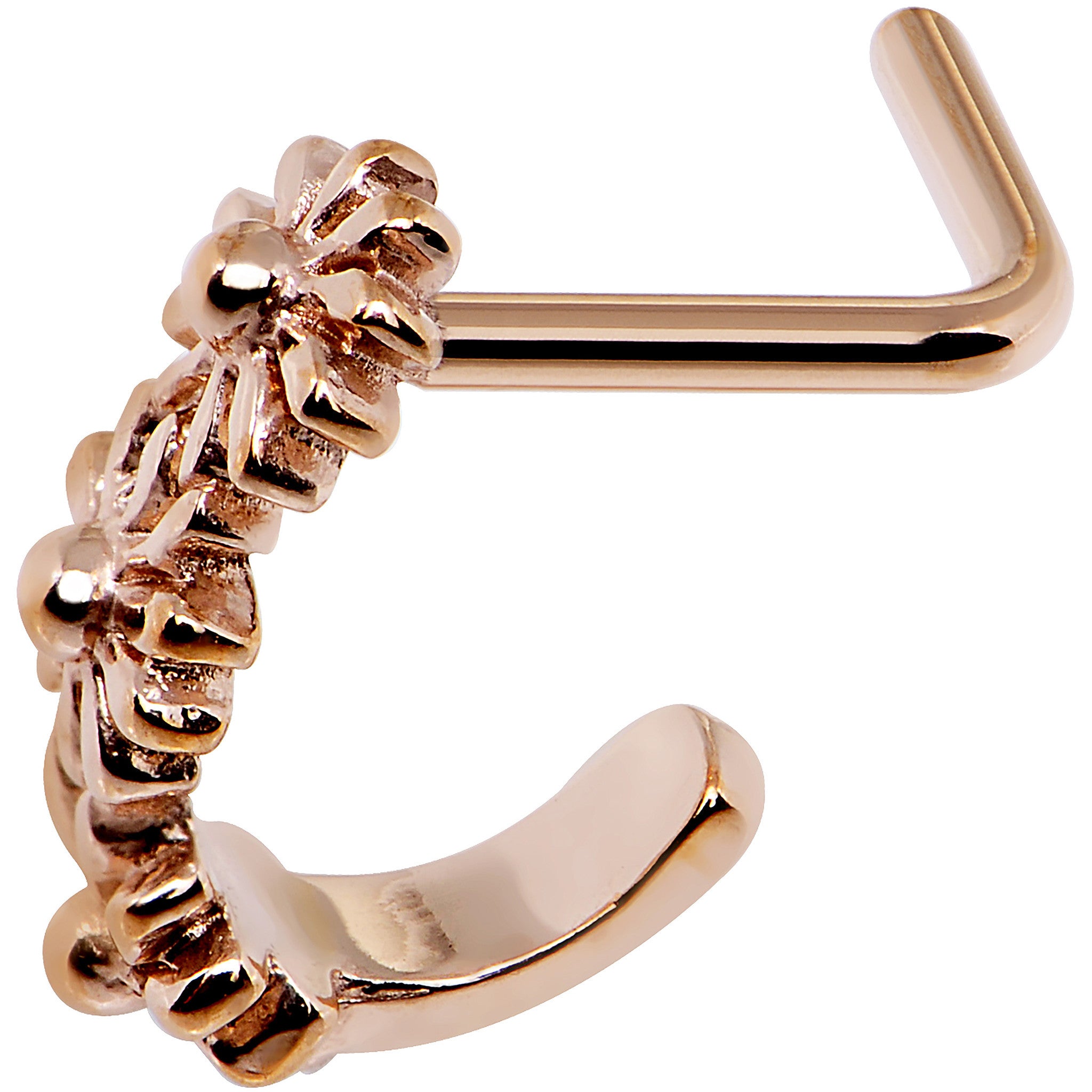 18G Rose Gold PVD Daisy Flower Chain Faux Hoop L Shaped Nose Ring