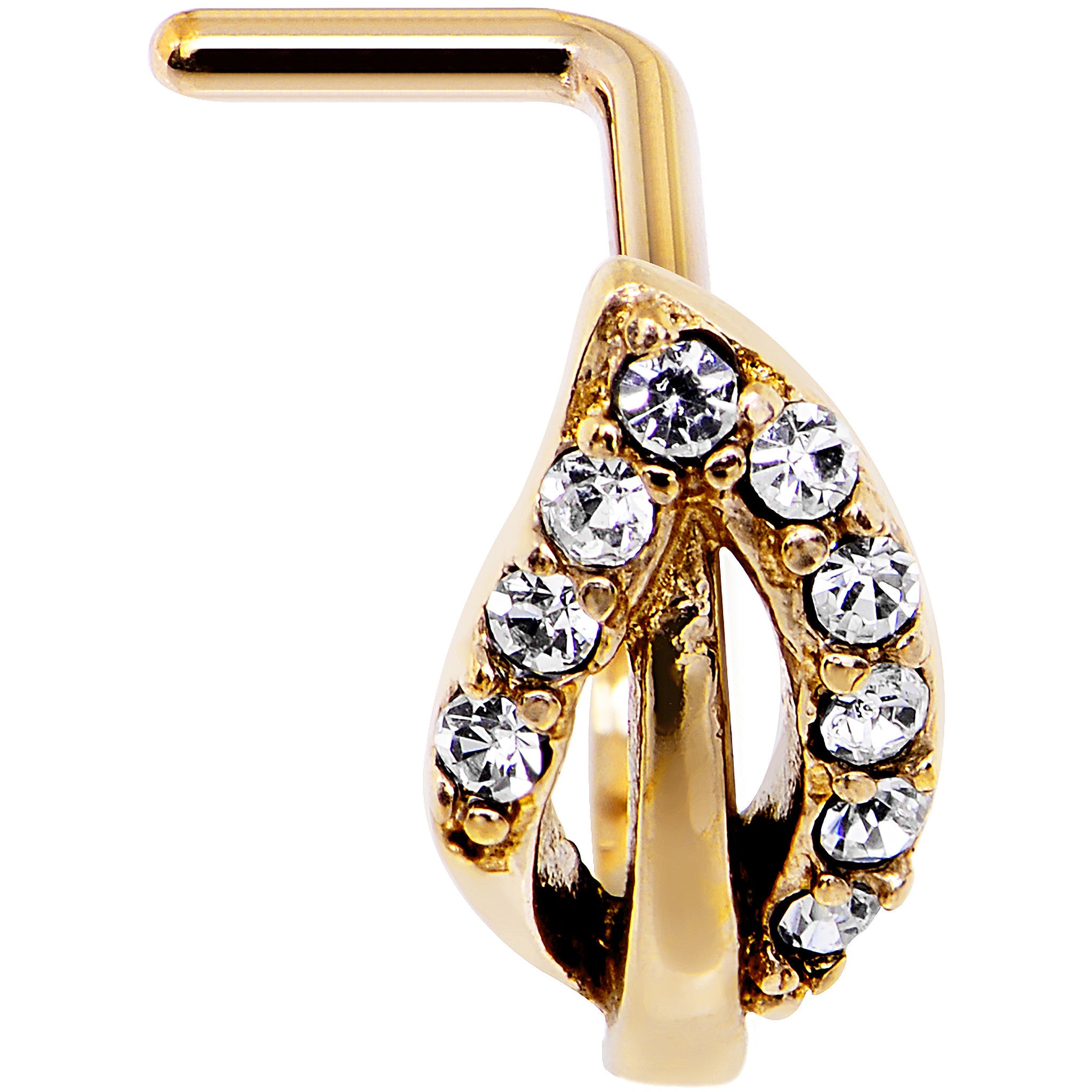 18G Clear Gem Gold PVD Leaf Faux Hoop L Shaped Nose Ring