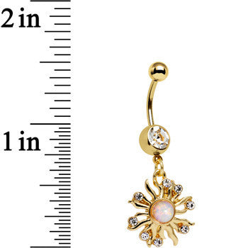 Clear Gem White Faux Opal Gold Anodized Sunburst Dangle Belly Ring