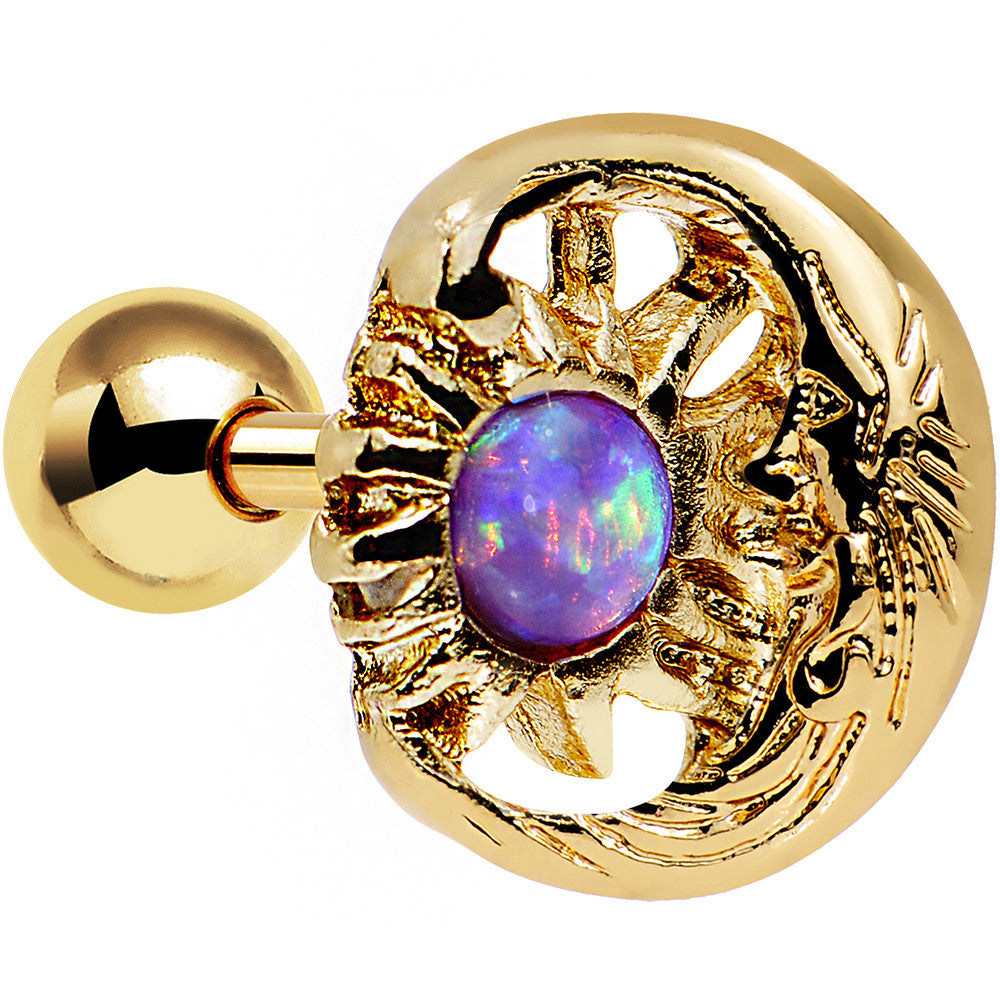Purple Faux Opal Gold Anodized Moon and Sun Tragus Cartilage Earring