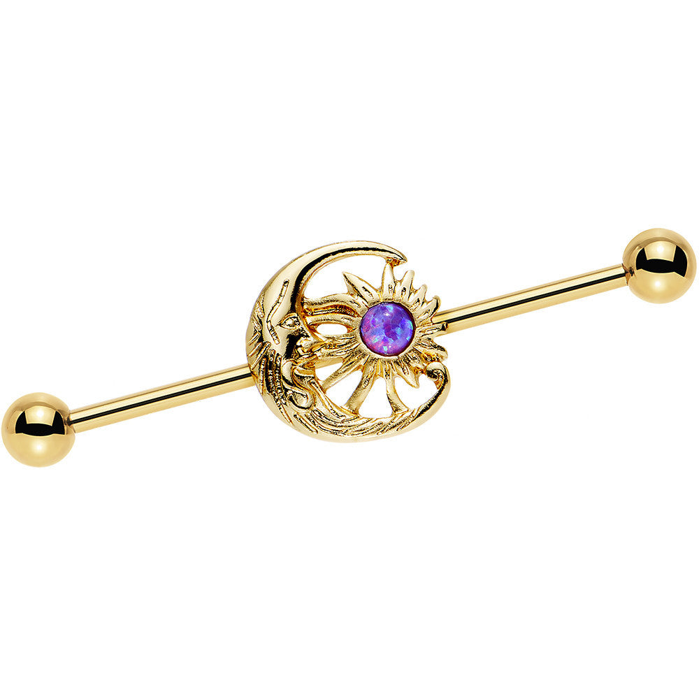 Purple Faux Opal Gold Anodized Moon and Sun Industrial Barbell 38mm