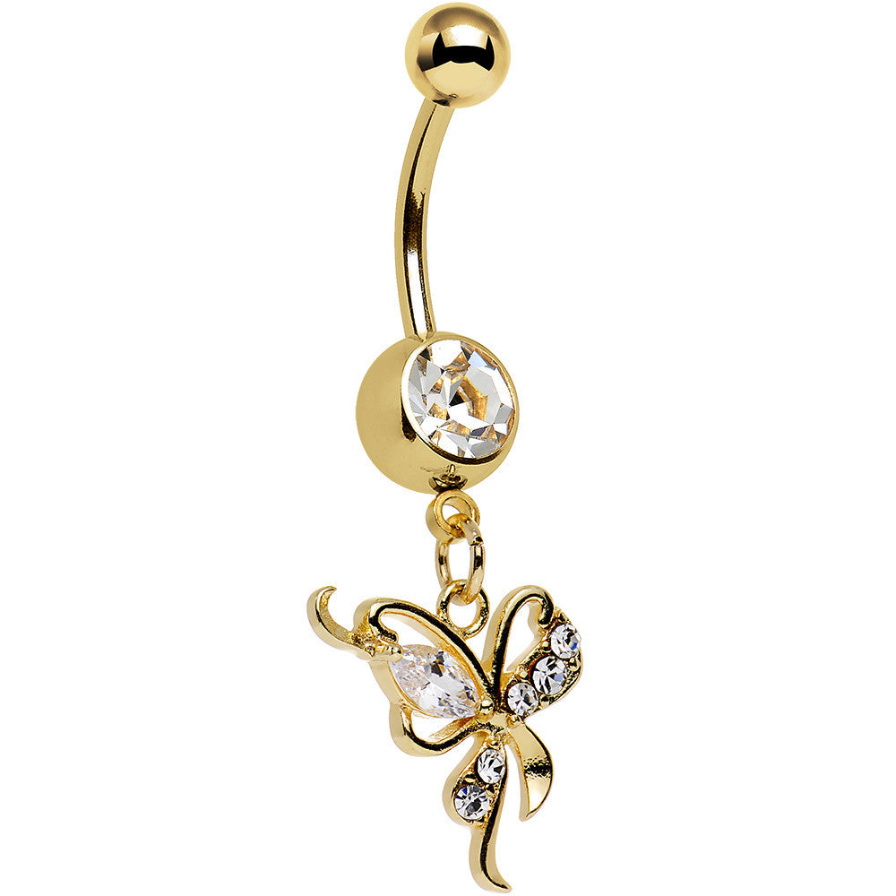 Clear Gem Gold Plated Drifting Beauty Butterfly Dangle Belly Ring