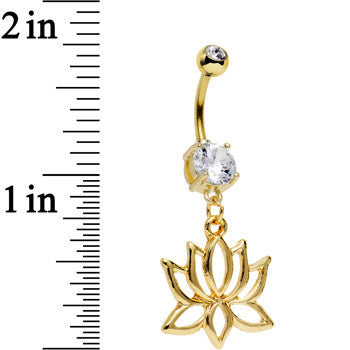 Clear Gem Gold Plated Framework Lotus Flower Dangle Belly Ring