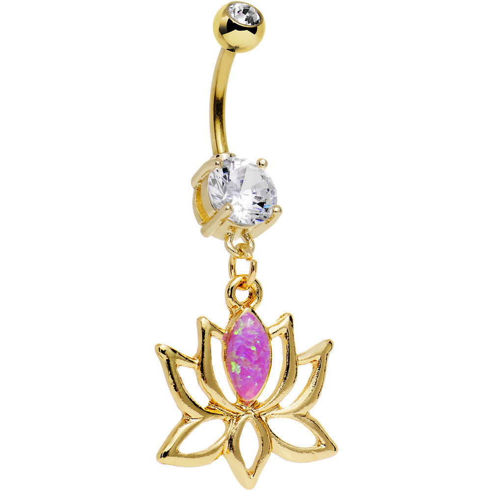 Clear Gem Pink Faux Opal Gold Plated Framework Lotus Flower Dangle Belly Ring