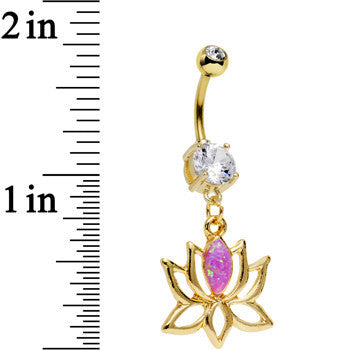 Clear Gem Pink Faux Opal Gold Plated Framework Lotus Flower Dangle Belly Ring