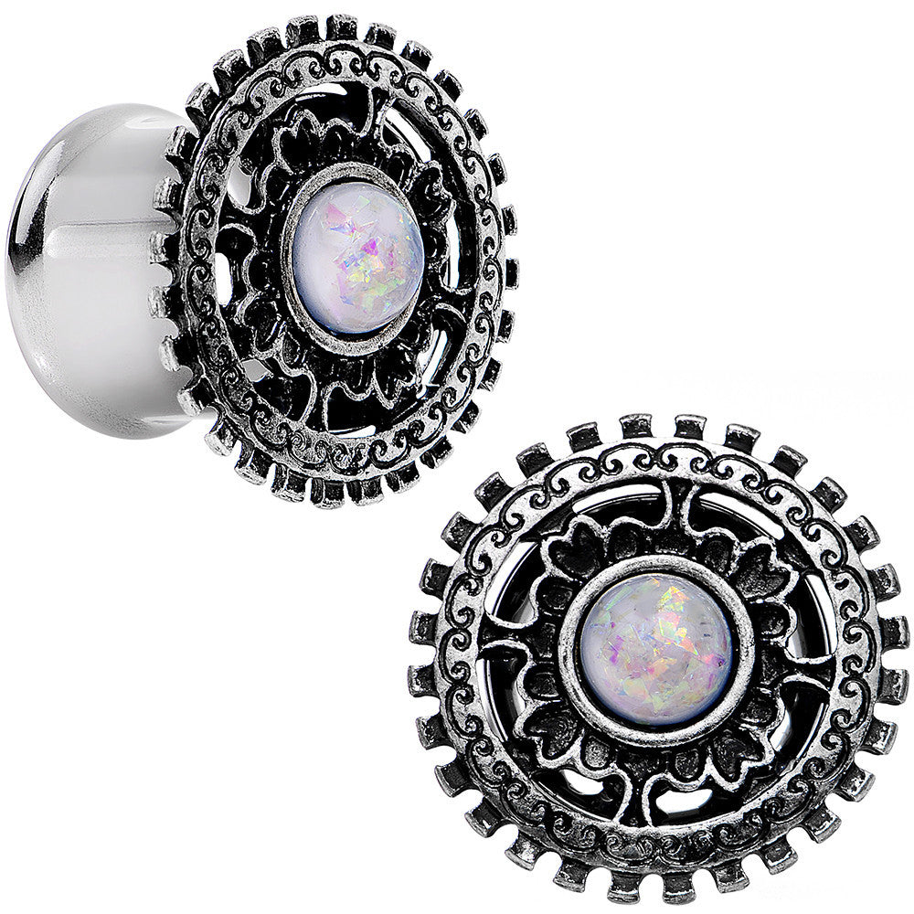 1/2 White Faux Opal Steel Finely Framed Double Flare Plug Set