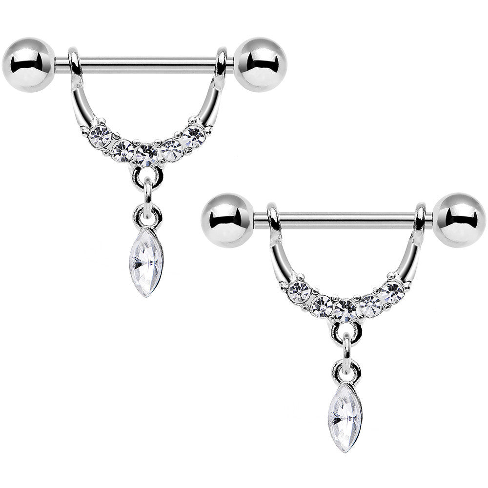 14G 3/4 Clear Gem Steel Drip Drop Dangle Nipple Ring Set