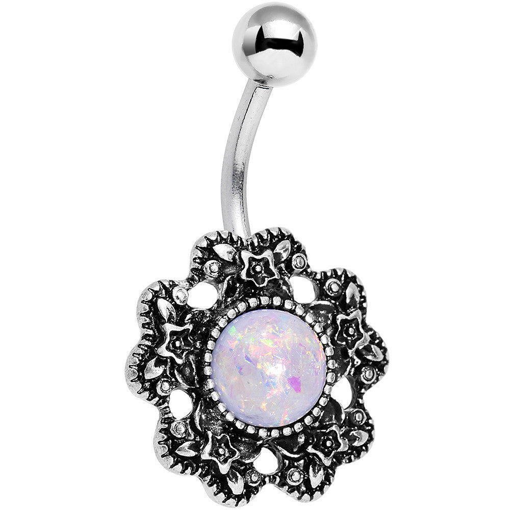 White Faux Opal Forget Me Never Flower Belly Ring