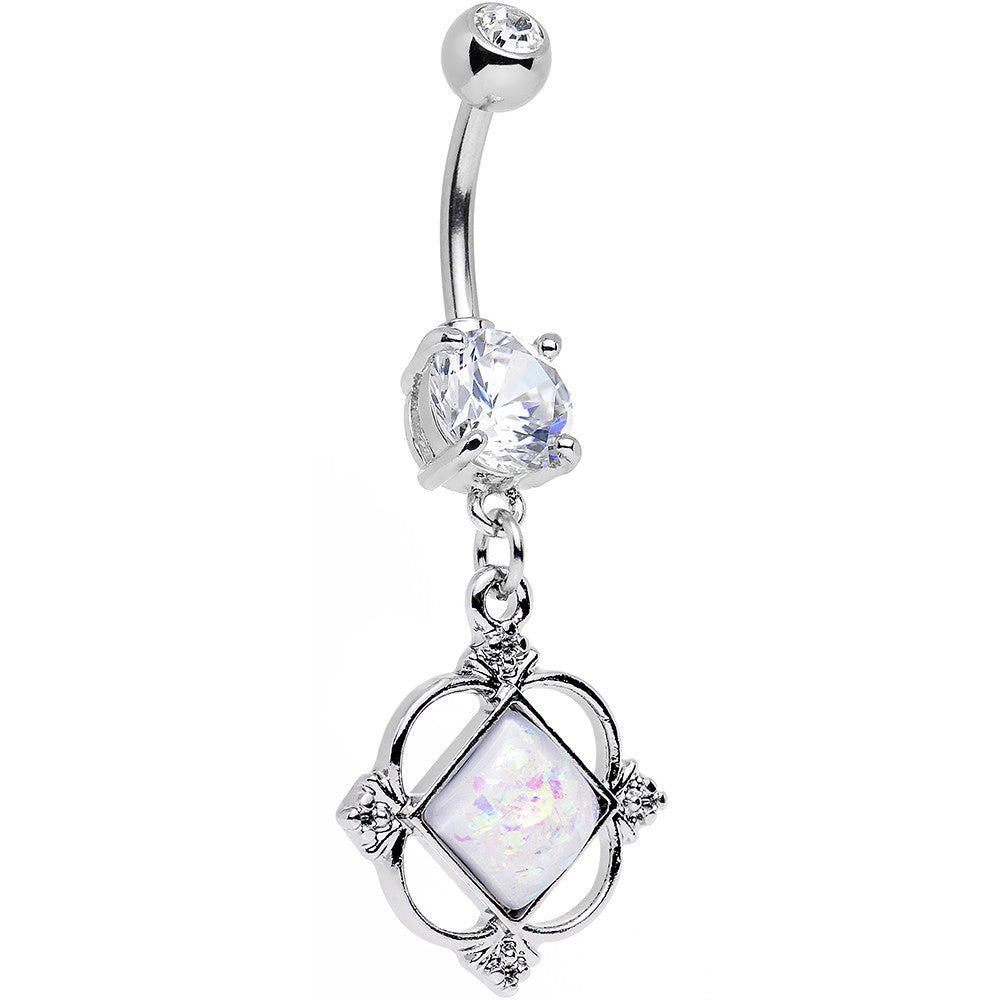 White Faux Opal Clear Gem Fancy Pants Frame Dangle Belly Ring