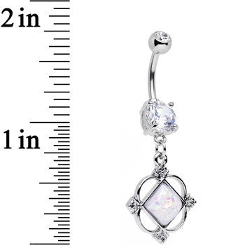 White Faux Opal Clear Gem Fancy Pants Frame Dangle Belly Ring