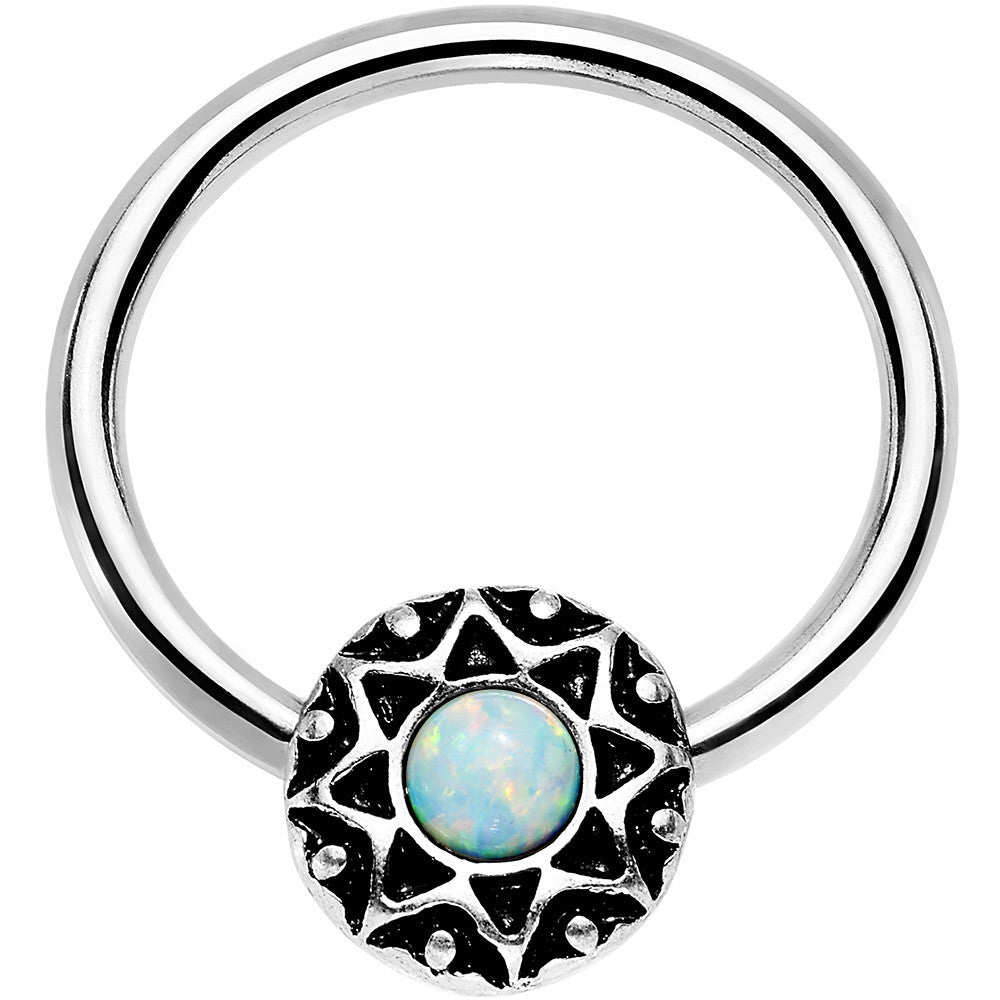 14G 9/16 White Faux Opal Steel Ornate Star Symbol Captive Ring