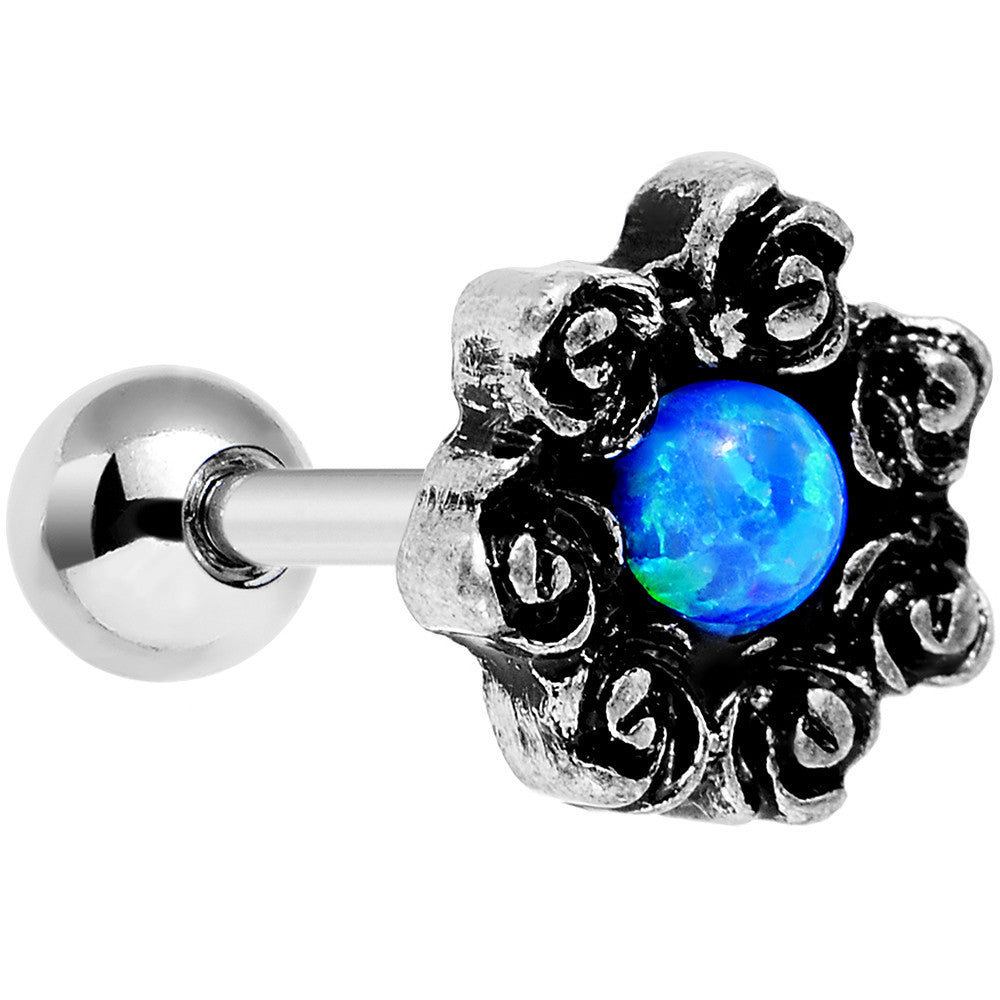 16G 1/4 Blue Faux Opal Rose Flower Frame Tragus Cartilage Earring